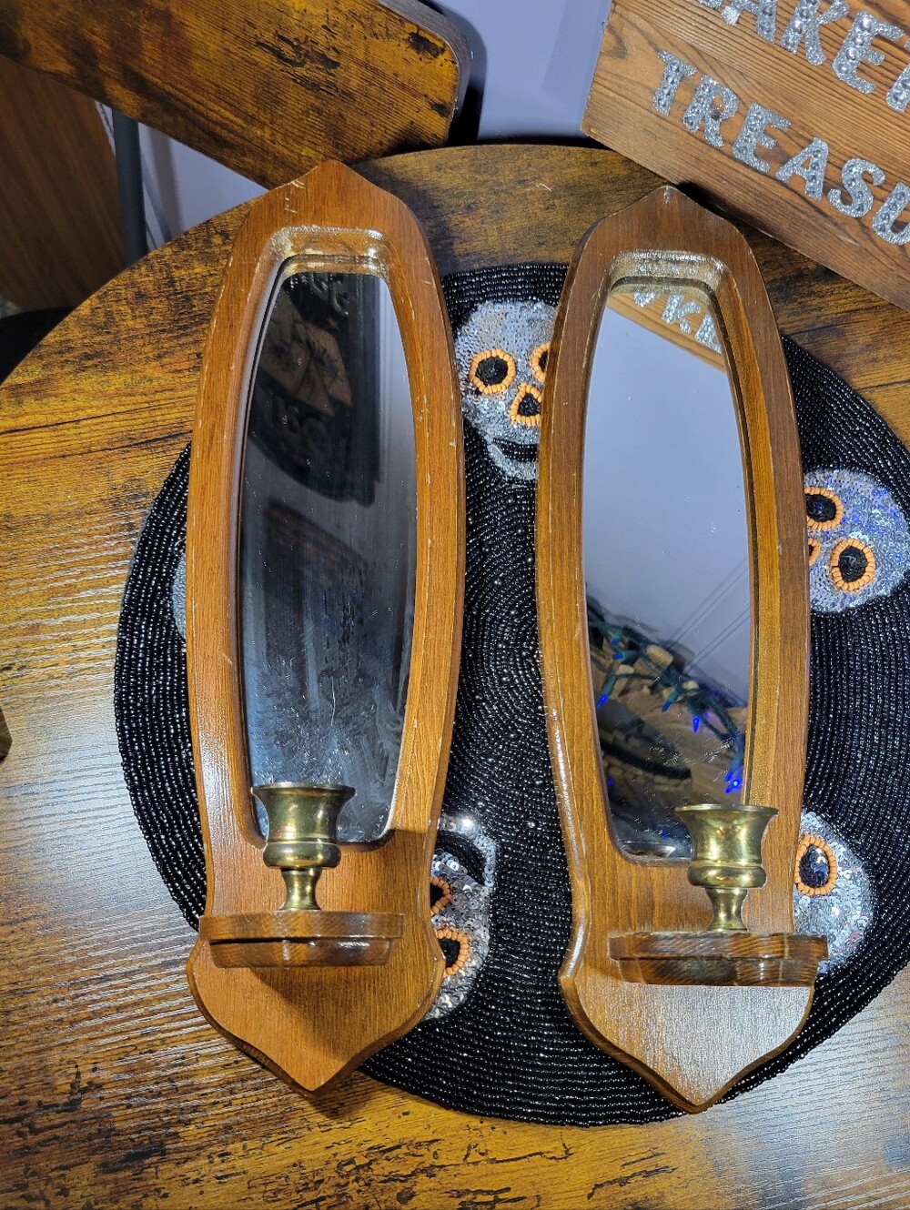 Vintage 1970s Wood Wall Mirror Sconces with Brass Candle Holders - Brown